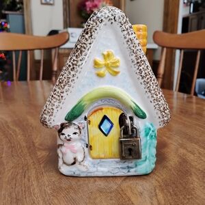 Vintage Ceramic Napco Cottage Coin Bank With Cat And Pastel Colors And Lock